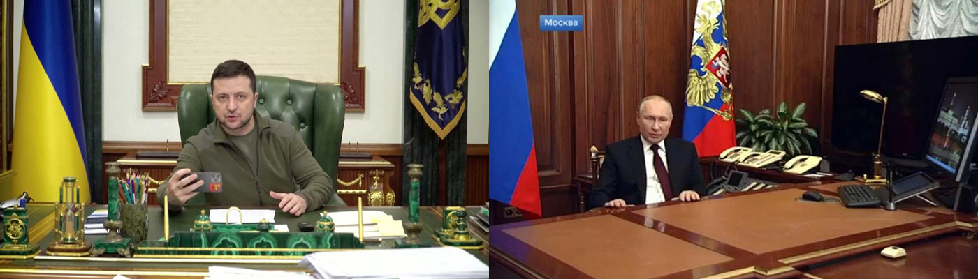 Gegenüberstellung des ukrainischen Präsidenten Selenskyj und des russichen Präsidenten Putin jeweils an ihren Büros sitzend.