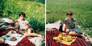 Links ein Mädchen, zurückgeleht, mit Sonnenbrille in der Hand auf einer Picknickdecke im Gras. Vor ihr liegen Tassen und Teller mit Essen. Rechts dasselbe, aber mit einer erwachsenen Frau.