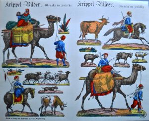 gezeichneter Bilderbogen mit verschiedenen Tieren wie Kamele und Pferde, auf denen Menschen reiten.+
