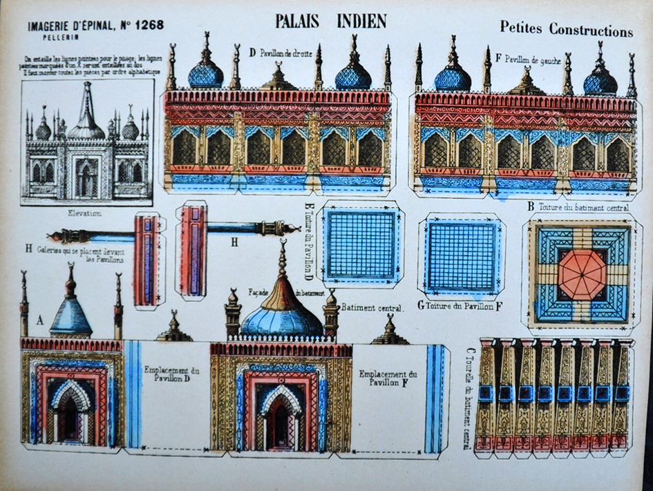 Gezeichneter Bastelbogen, um einen indischen Palast aus Papier zu falten.
