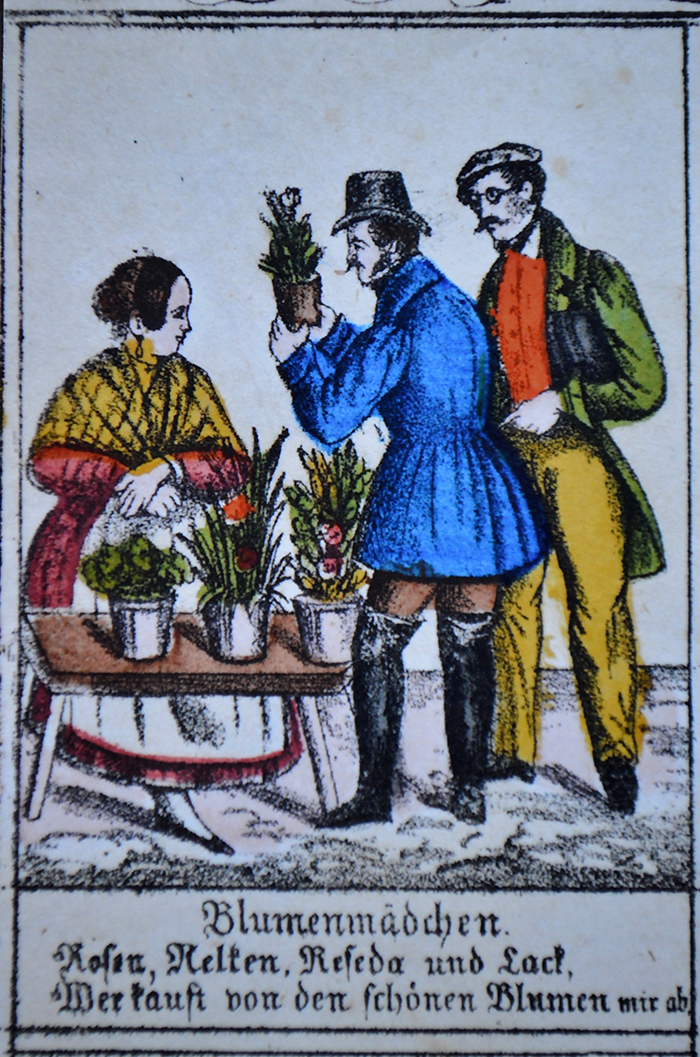 Zeichnung einer Frau, die Blumen auf einen Tisch an zwei Männer verkauft.