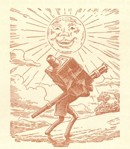 Grafik mit einer gezeichneten Sonne am Himmel und einer Person mit übergroßer Kamera auf dem Rücken am Boden darunter
