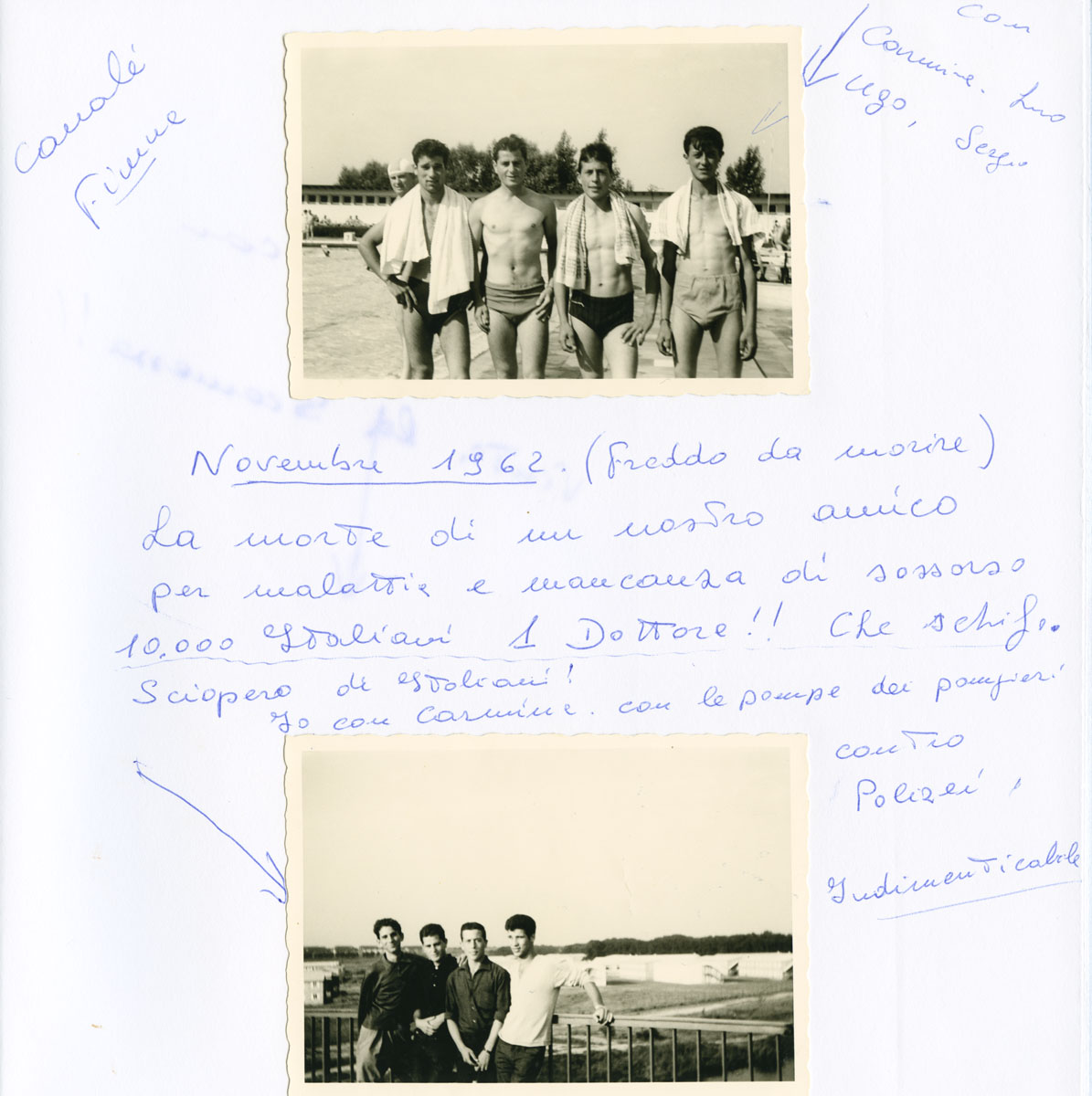 Seite aus Fotoalbum: oben: Foto von vier jungen Männern in Badehose im Schwimmbad oder am Mittellandkanal; unten: eine weitere Gruppenaufnahme von vier jungen Männern mit handschriftlichem Kommentar und Pfeil