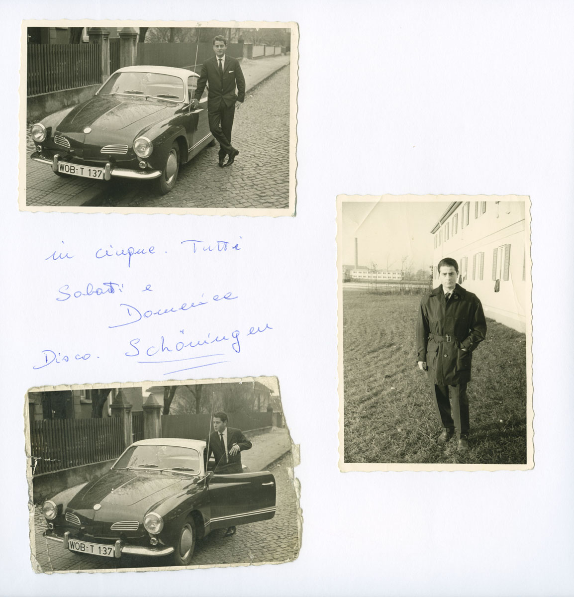 Seite aus Fotoalbum: ein junger Mann im dunklen Anzug neben seinem VW-Karmann Ghia
