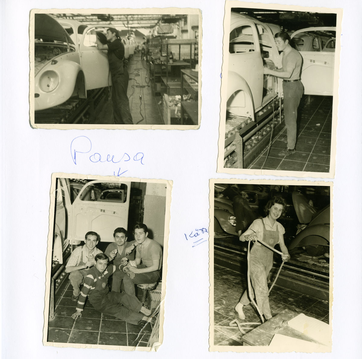 Seite aus Fotoalbum: vier Fotos mit Szenen aus der Arbeitswelt in der VW-Montagehalle von Lino Caringi und seinen Kolleg:innen