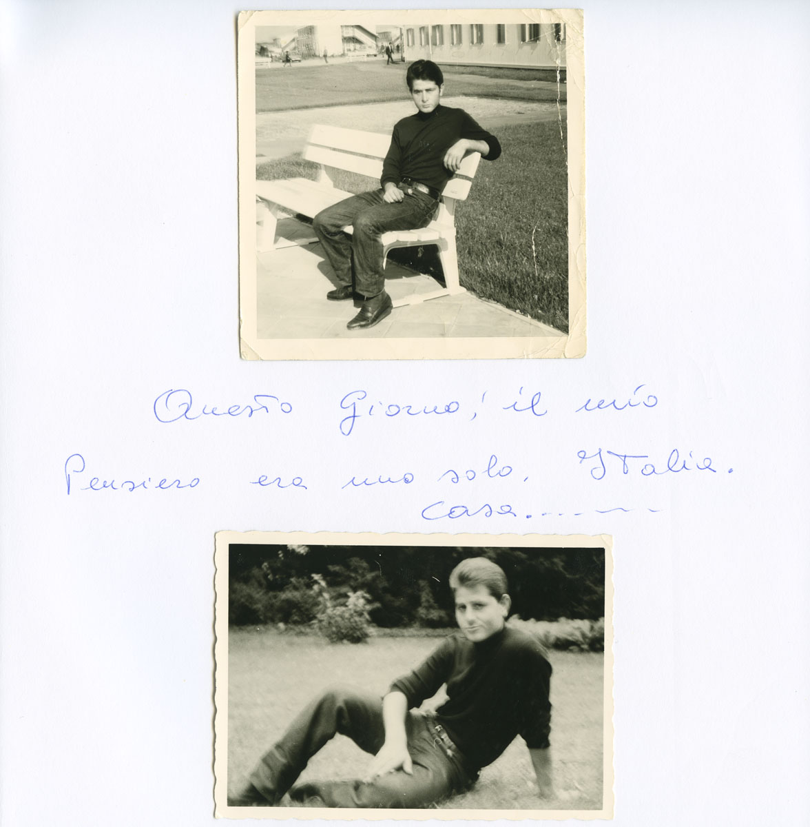 Seite aus Fotoalbum: Lino Cariugi auf einer Parkbank und im Gras sitzend