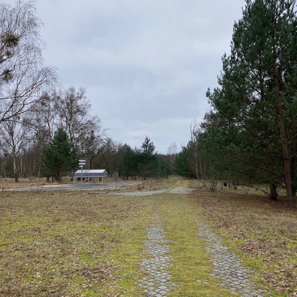 Blick auf das ehemalige sog. Siemenslager: vorne ein mit Gras bewachsener Weg, im Hintergrund Bäume und ein Glasobjekt auf einer Betonfläche