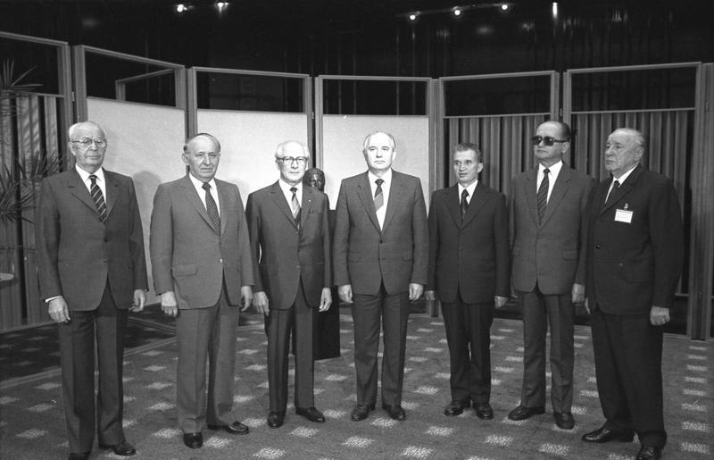 Sieben ältere Männer, Politiker, die im Halbkreis nebeneinander stehen. Auffällig ist der gemusterte Teppich.