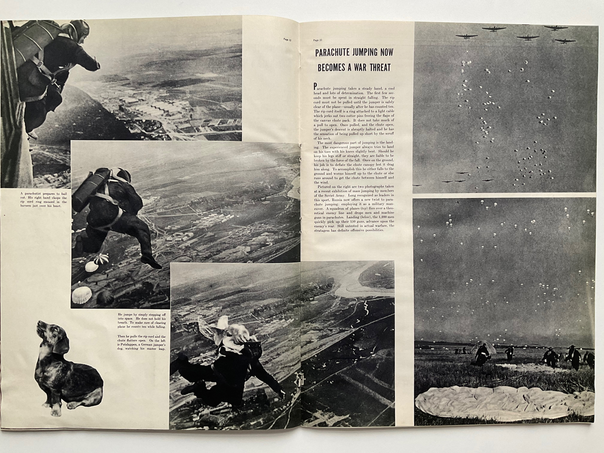 Die Doppelseite einer Zeitschrift mit einer Bildreportage: Zu sehen fünf Bilder von Fallschirmspringern sowie von einem Dackel, der in den Himmel guckt.