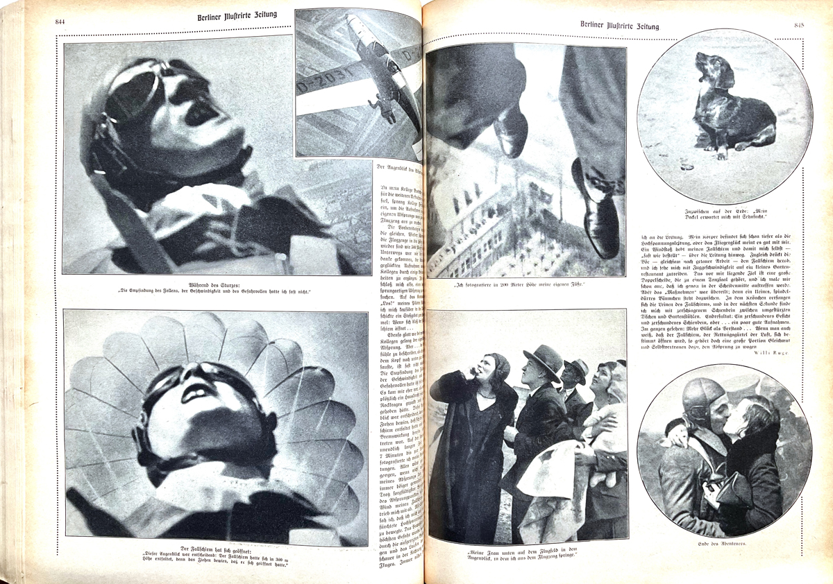 Die Doppelseite einer Zeitschrift mit einer Bildreportage: Zu sehen sind sechs Bilder von einem Fallschirmspringer sowie seine Ankunft auf dem Boden und von einem Dackel, der in den Himmel guckt.
