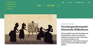 Screenshot der Website: Neben dem Logo und der Überschrift „Forschungsschwerpunkt Historische Bildkulturen“ ist ein Bild zu sehen, das vier Frauen in altmodischen Kleidern vor einem Gemälde als eine Art Scherenschnitt zeigt.