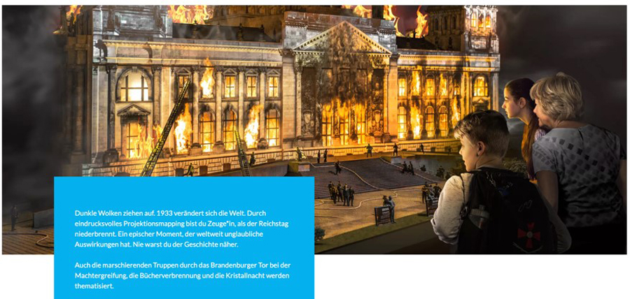 Screenshot „Little Big City“ mit der Zeichnung eines lichterloh brennenden Reichstags in Farbe
