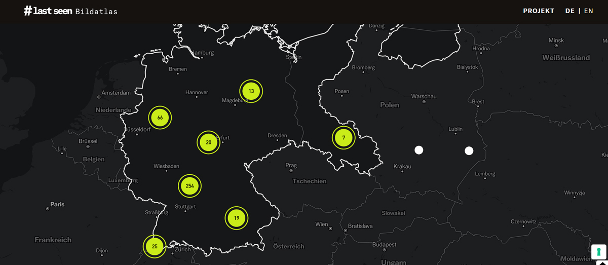 Auf schwarzem Grund eine Karte von Deutschland mit gelben Kreisen, in denen sich Zahlen (7, 13, 19, 20 etc.) befinden.