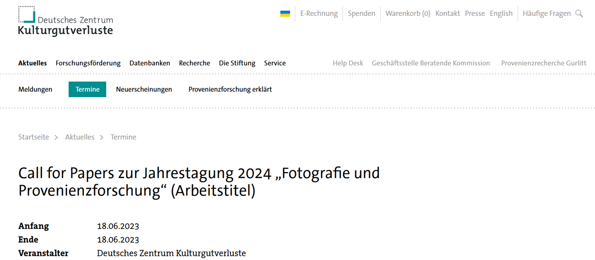 Screenshot: weiße Seite mit Logo Deutsches Zentrum Kulturgutverluste und allen Angaben zur Jahrestagung
