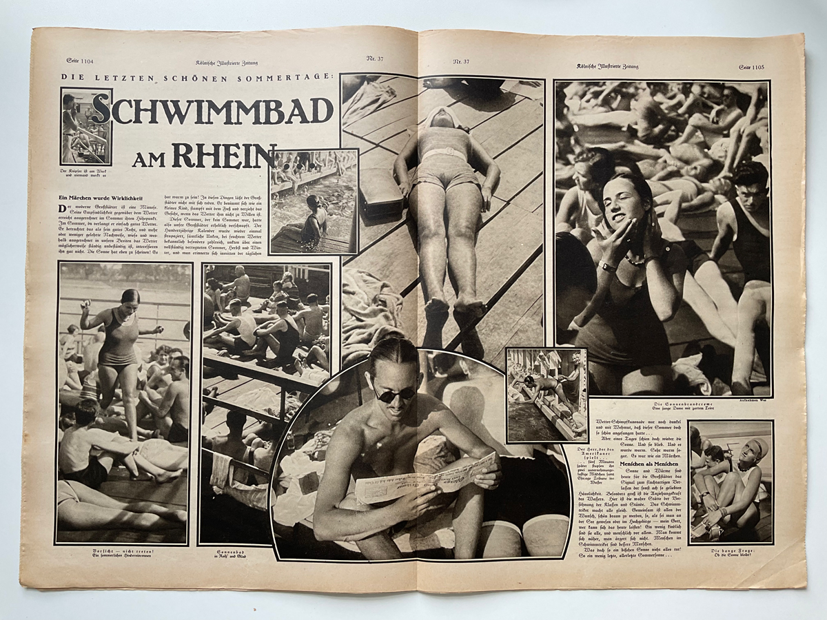 Doppelseitige Reportage mit acht Fotos über Besucher:innen eines Schwimmbads am Rhein