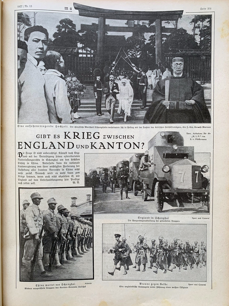 Zeitschriftenseite mit vier großen Abbildungen von einer Hochzeit oben und von Soldaten unten