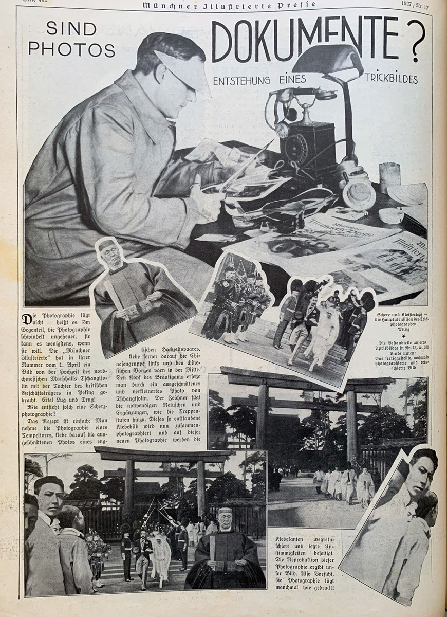 Zeitschriftenseite mit einer Fotocollage, von einem Mann, der mit der Schere eine Collage von Kriegsvorbereitungen in Japan zusammenstellt.