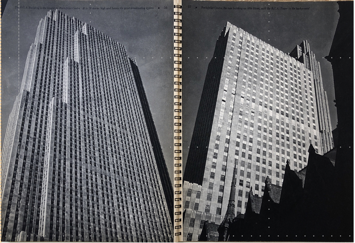 Buchdoppelseite, die zwei Hochhäuser aus verschiedenen Perspektiven zeigt.