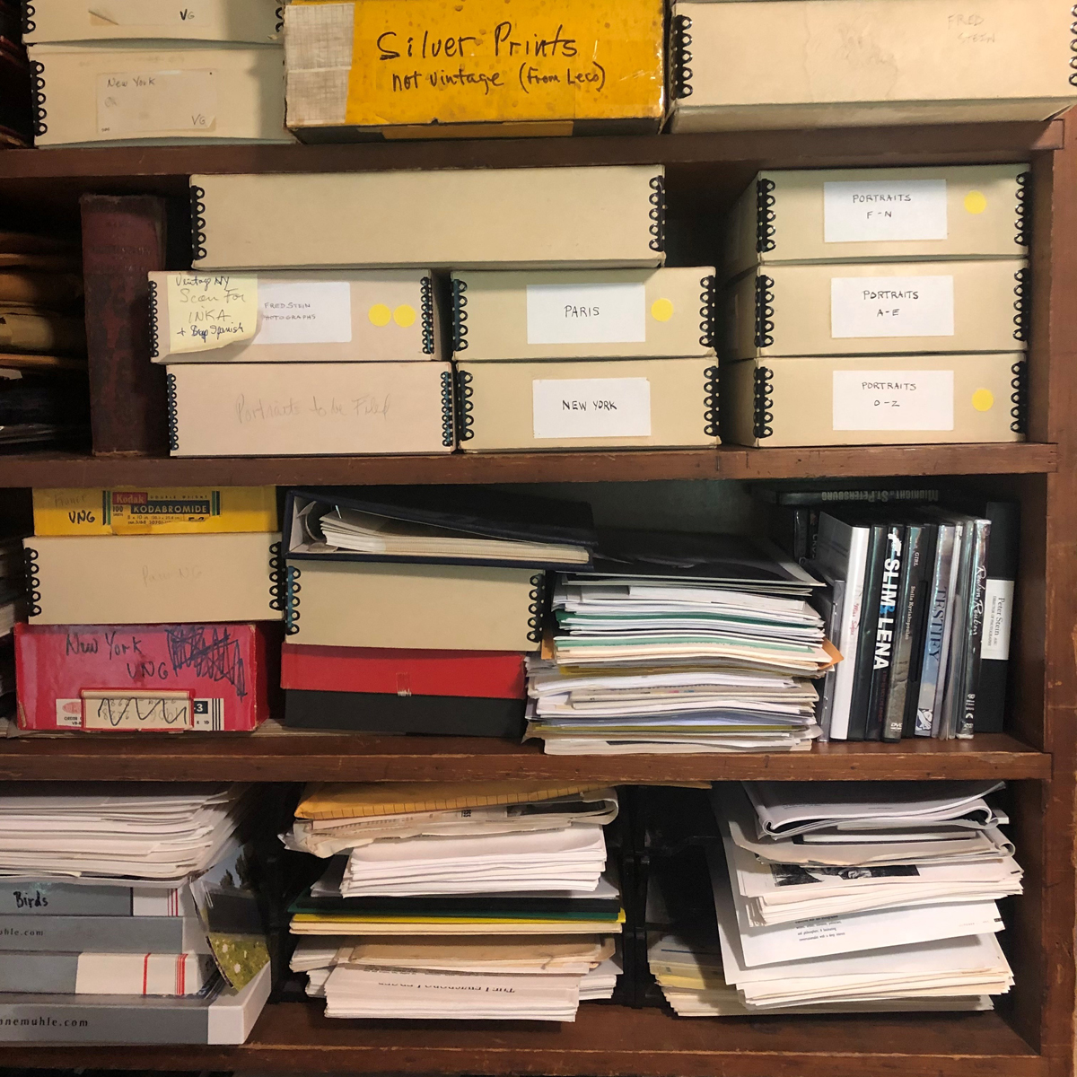 Regal mit Archivmaterial: Aktenkartons, Mappen, Papier, Broschüren