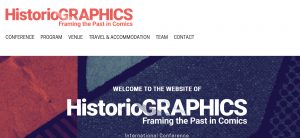Rot-blaues Banner, auf dem steht: „Welcome to the Website of HistorioGRAPHICS. Framing the Past in Comics“