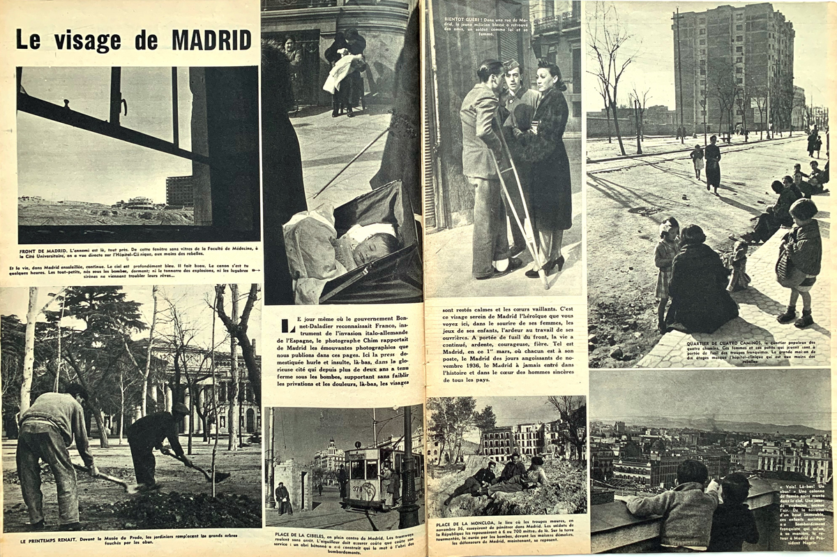 Doppelseite einer Zeitschrift mit acht Bildern, die verschiedene Stadtansichten und Menschen in der Stadt zeigen.