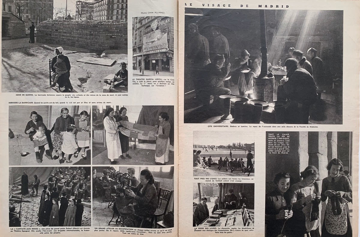 Doppelseite einer Zeitschrift mit zehn Bildern, die verschiedene Stadtansichten und Menschen zeigen.