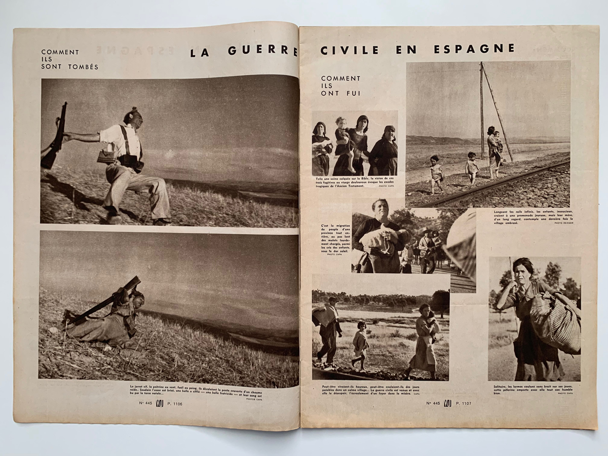 Doppelseite einer Zeitschrift mit sieben Bildern, die Szenen aus dem Spanischen Bürgerkrieg zeigen: ein tödlich getroffener Soldat, der fällt sowie Frauen und Kinder auf der Flucht.
