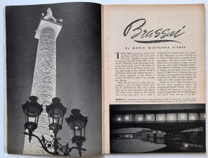Doppelseite einer Zeitschrift: links das Bild einer Säule; rechts Text und eine Brücke.