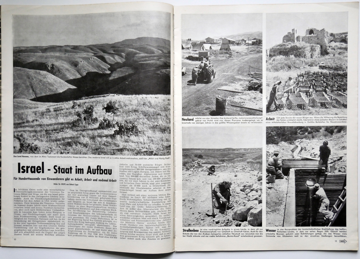 Doppelseite einer Zeitschrift mit fünf Bildern von der Fruchtbarmachung eines Landes.