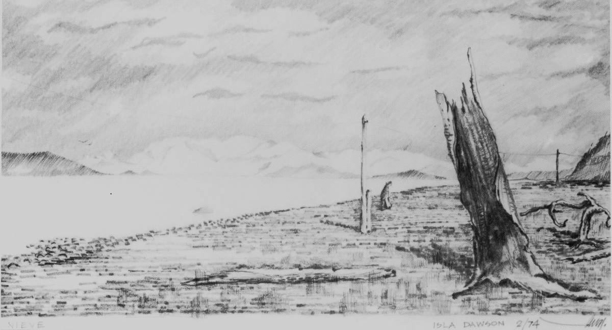 Zeichnung einer kargen, schneebedeckten Landschaft am Meer