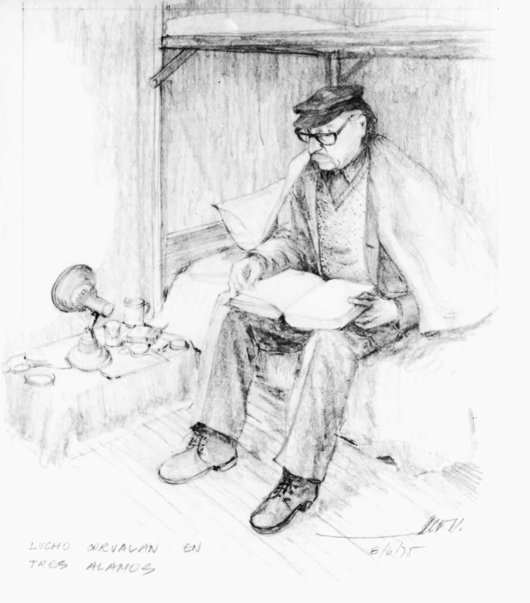 Zeichnung eines Mannes, der auf einem Stockbett unten sitzt, eine Decke über den Schultern hat und ein Buch liest.