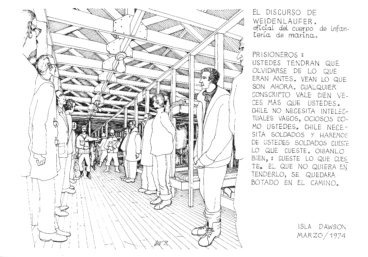 Zeichnung von Männer, die in einer Lagerbaracke aufgereiht vor ihren Betten stehen; am Ende des Raumes ein Mann, der spricht.