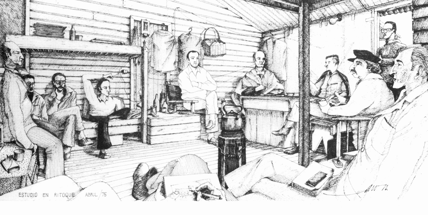 Zeichnung von Männern, die in einer Baracke auf den Betten und auf Stühlen im Kreis sitzen.