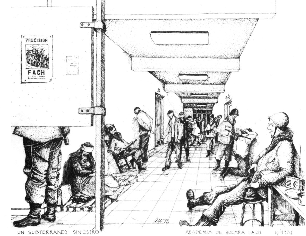 Zeichnung eines Kellerflurs, in dem Soldaten Männer mit verbundenen Augen bewachen.