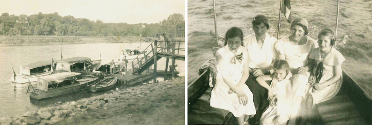 Links: Boote an einem Steg im Fluss; rechts: fünf weiß gekleidete Frauen und Kinder im Heck eines Boots
