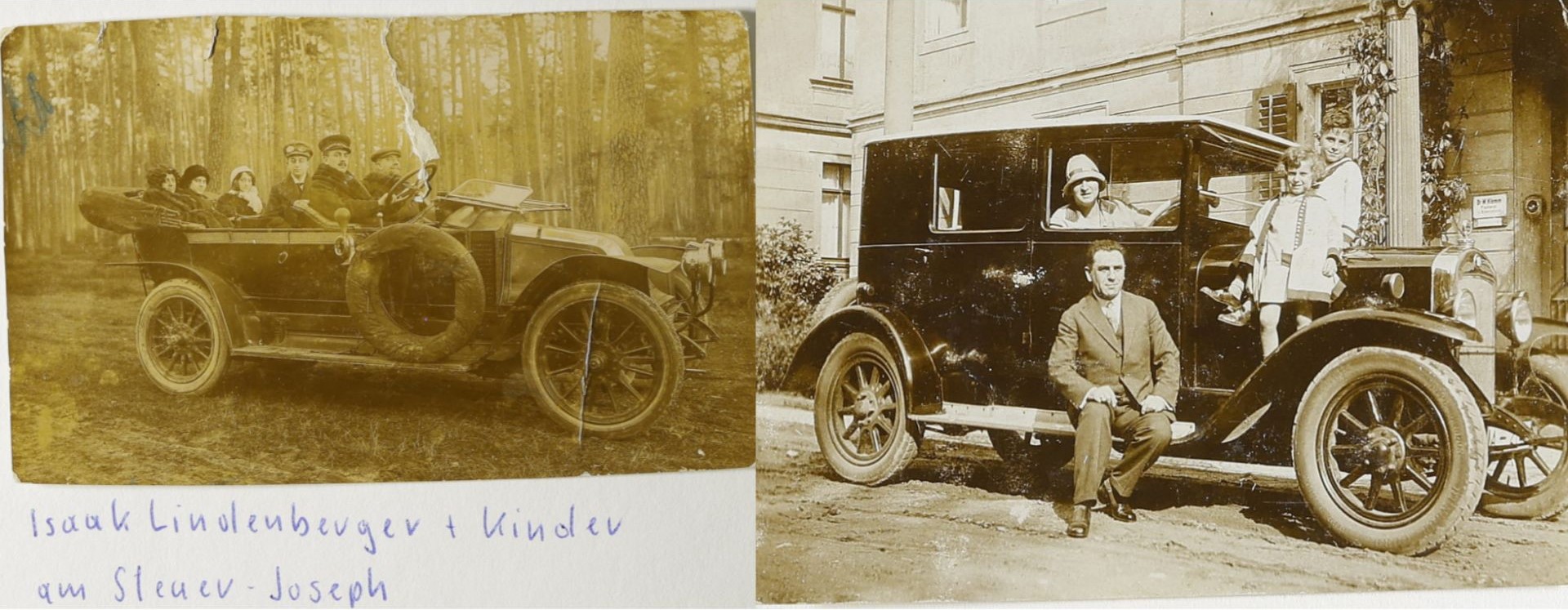 Zwei alte Fotografien, die jeweils mehrere Personen in einem Automobil bzw. davor zeigen.