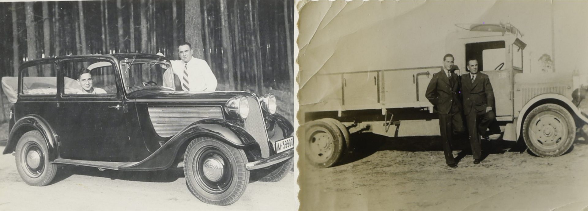 Zwei alte Fotografien, die jeweils mehrere Personen in einem Auto bzw. vor einem Lastwagen zeigen.