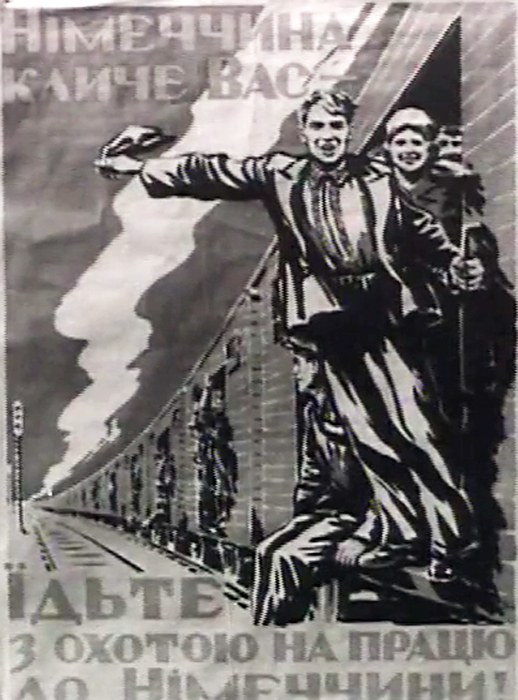 Gezeichnetes Plakat zeigt fahrenden Güterwagon mit Menschen.