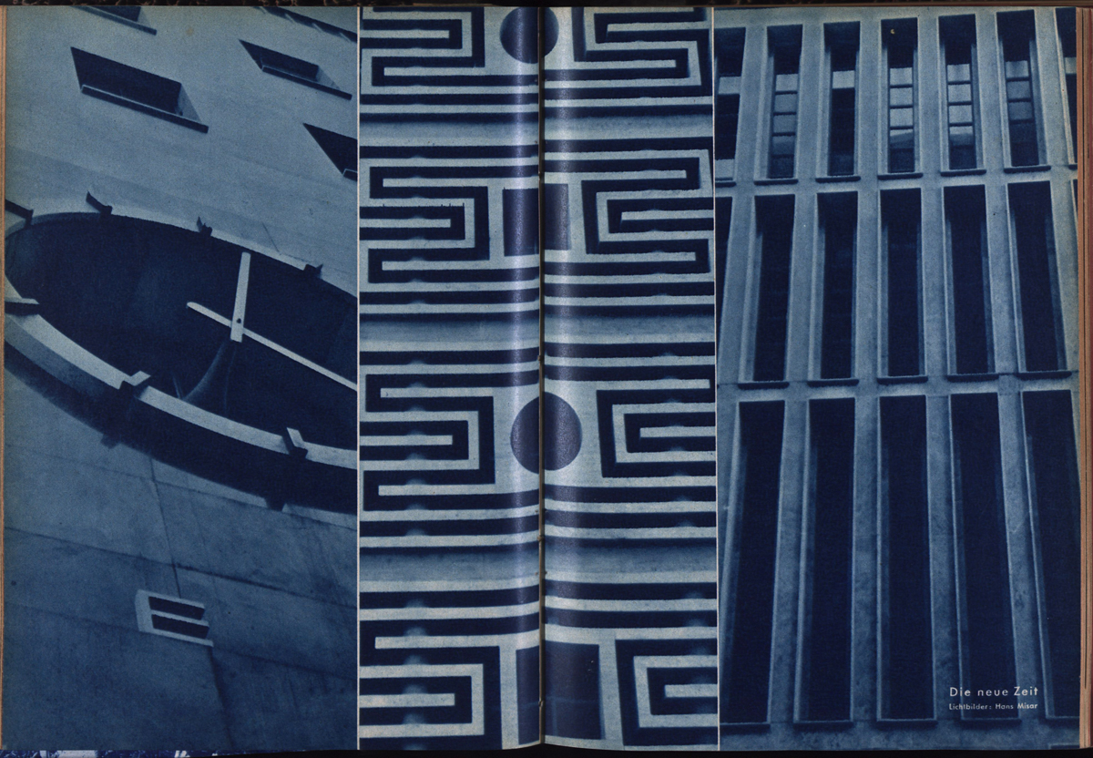 Zeitschriftenseite mit drei blaufarbenen Motiven: Uhr an einer Hauswand, geometrisches Muster, Fensterfront.