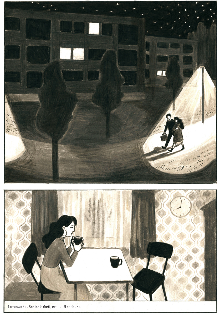 Graphic Novel mit zwei Panels: ein Paar in einer Stadt; eine Frau allein an einem Tisch