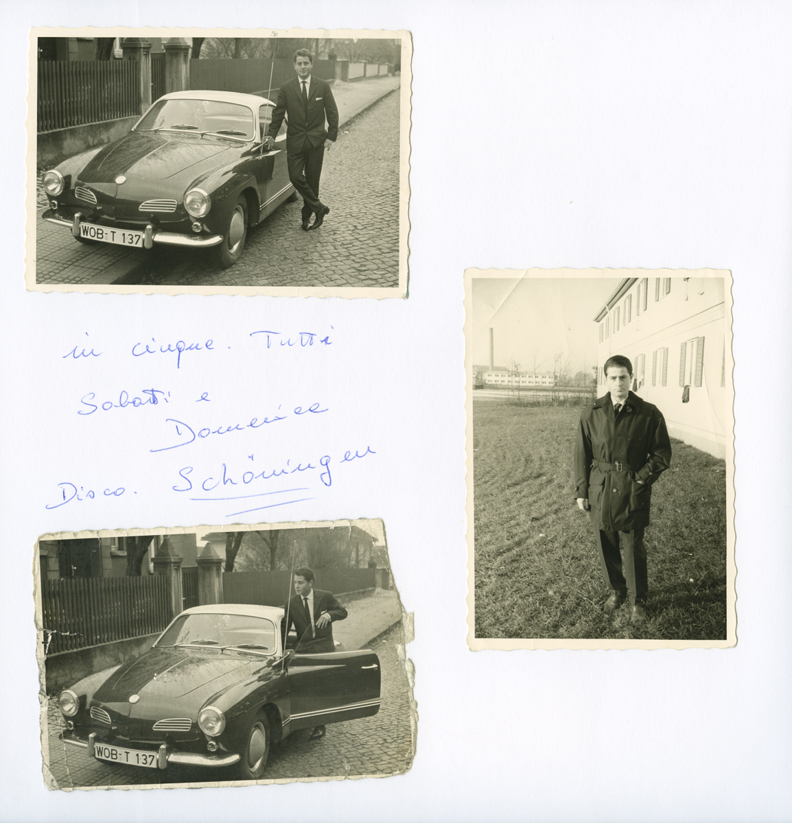 Fotoalbum-Seite mit drei Bildern: der Mann auf der Straße und mit einem Auto