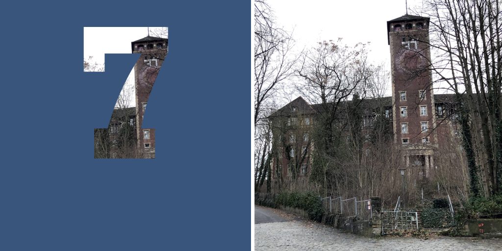 Collage: links.: Zahl „7“, rechts: verfallenes Gebäude mit Turm