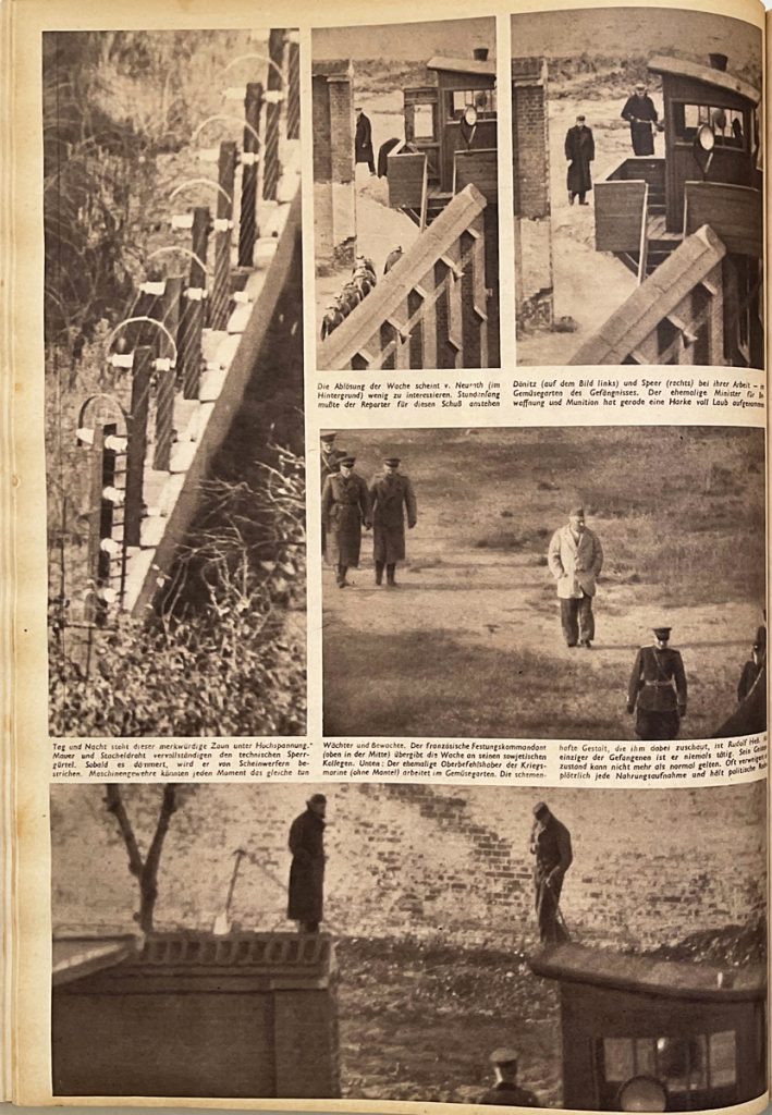 Zeitschriften-Doppelseite mit Text und sieben Fotografien, u.a. von Männern hinter einer Mauer