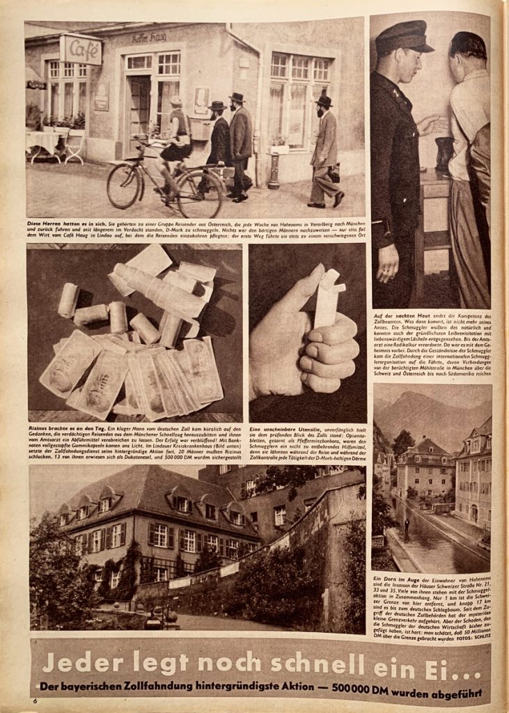 Zeitschriften-Seite mit Text und sechs Fotos, u.a. von Männern, Orten und Geld