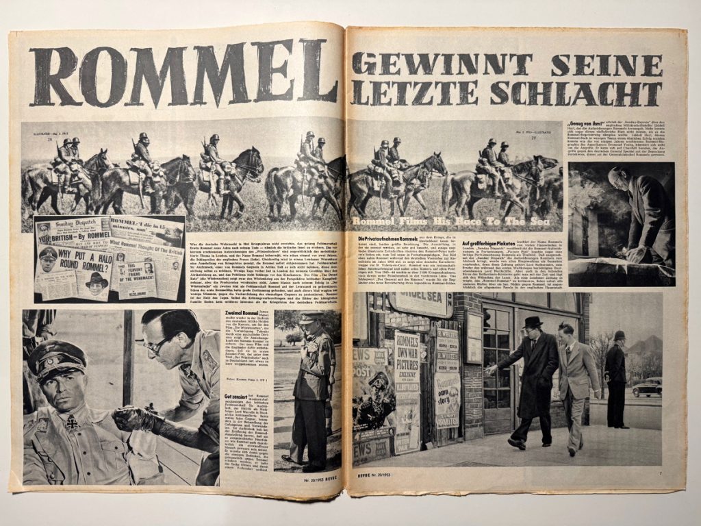 Zeitschriften-Doppelseite mit Text und sechs Fotos, u.a. Soldaten zu Pferd