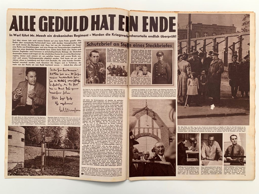 Zeitschriften-Doppelseite mit Text und acht Fotos, u.a. von einzelnen Männern