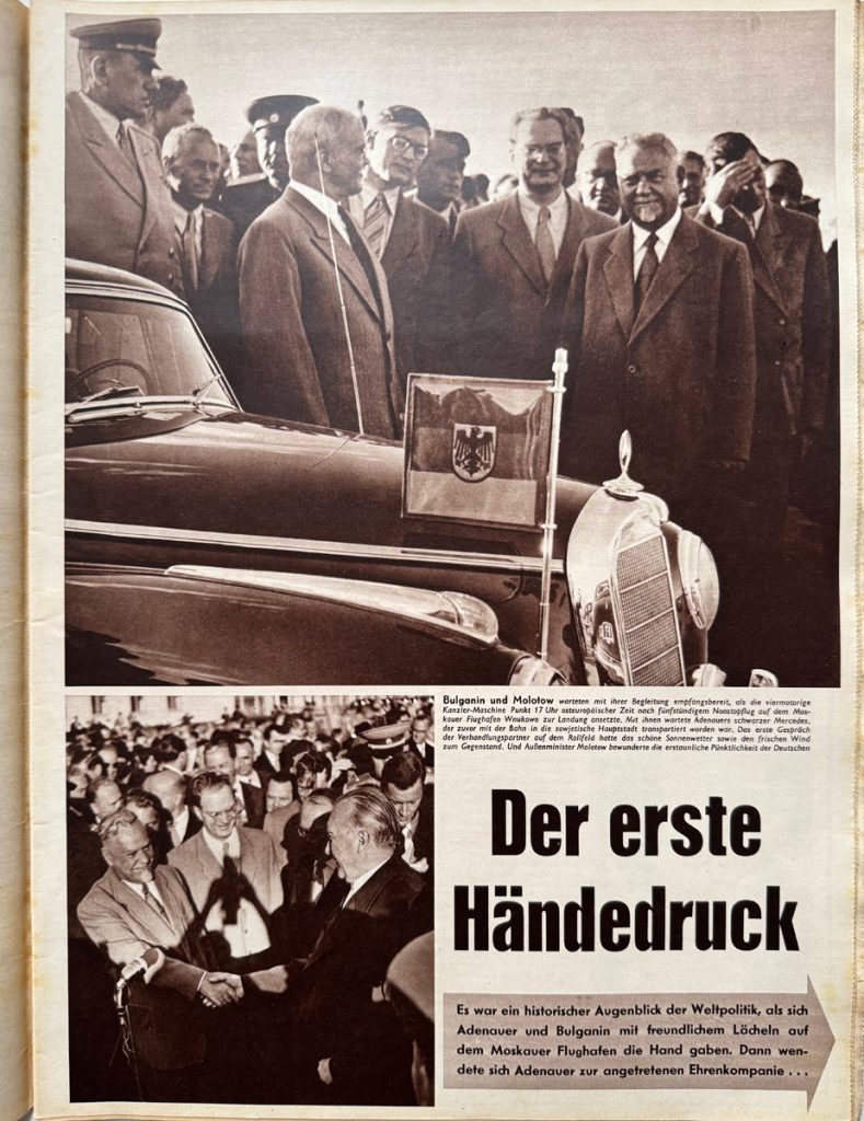 Zeitschriften-Seite mit Text und zwei Fotos: Männer und Auto sowie ein Handschlag zweier Männer