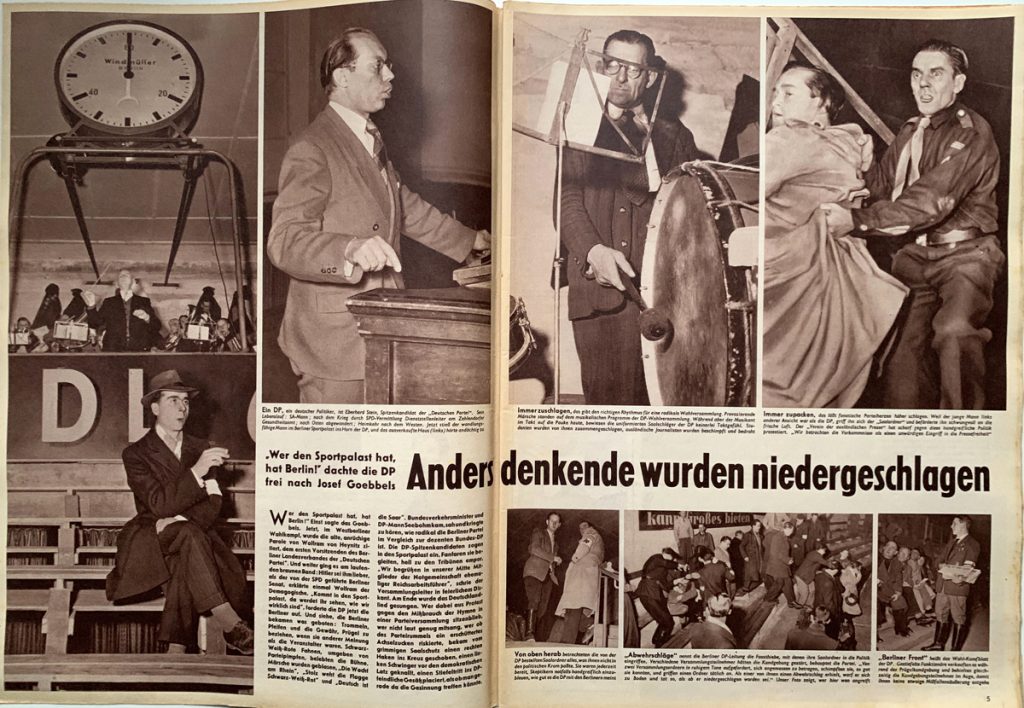 Zeitschriften-Doppelseite mit Text und sieben Fotos, u.a. von Männern, die angegriffen werden.