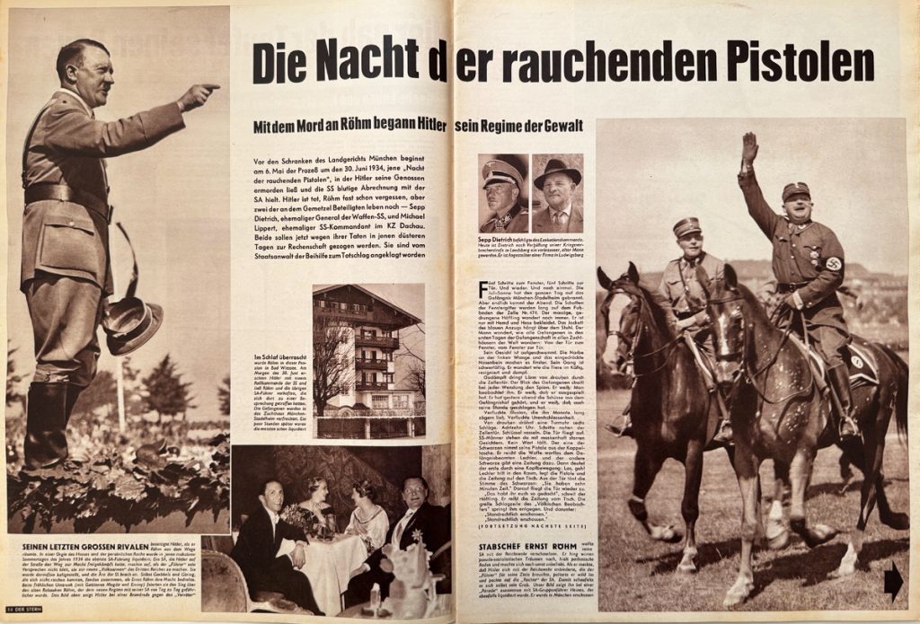 Zeitschriften-Doppelseite mit Text und sechs Fotos; u.a. von Männern in Uniform