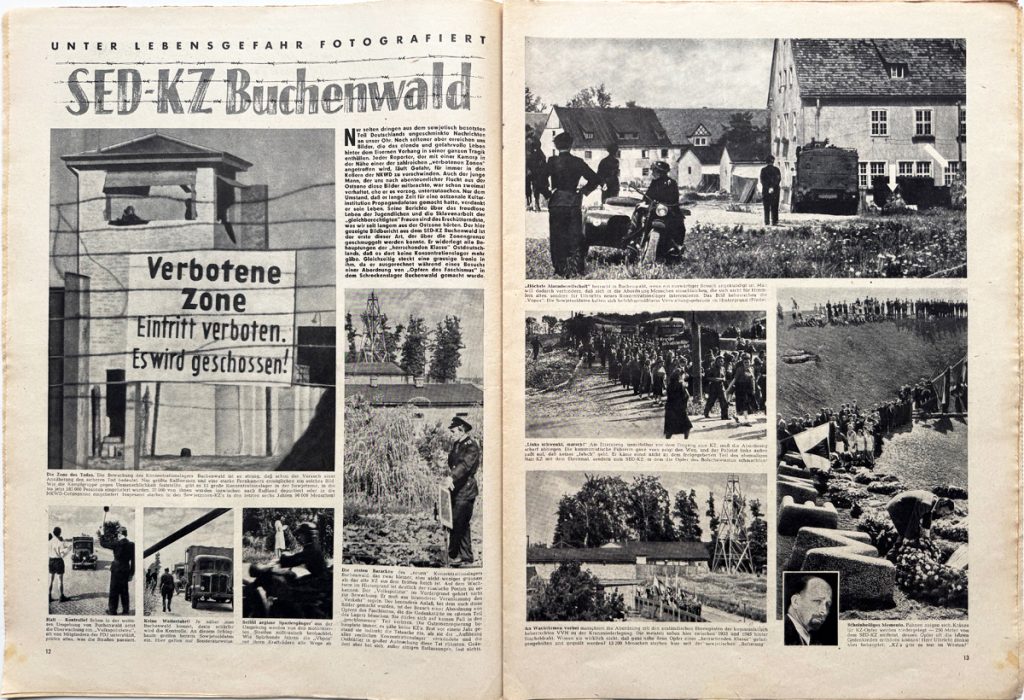 Zeitschriften-Doppelseite mit Text und neun Fotos